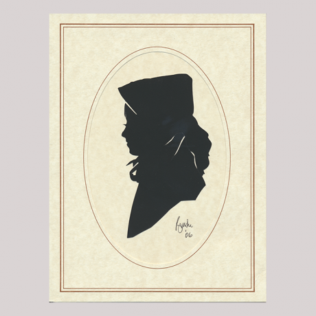 
        Front of silhouette, with woman looking left, wearing a boonet.